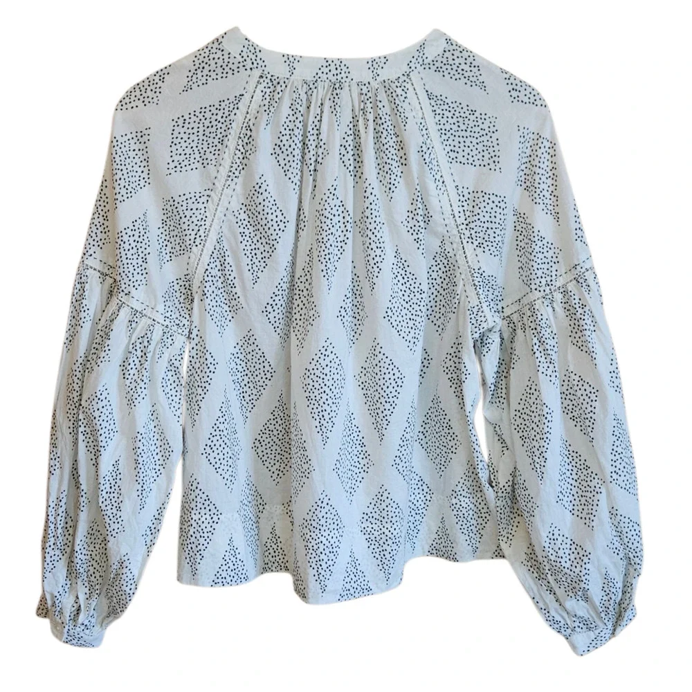 Madewell Women's White Dotted Diamond Puff Sleeve Button Front Top Small